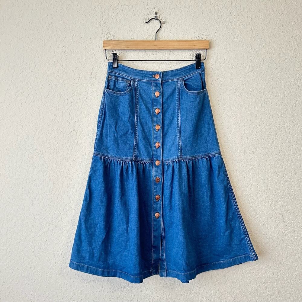 MADEWELL Denim Bayview Skirt Blue Button Front Tiered Midi A-Line